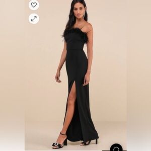 Elegant Black Strapless Dress with Feather Detail- Lulu’s